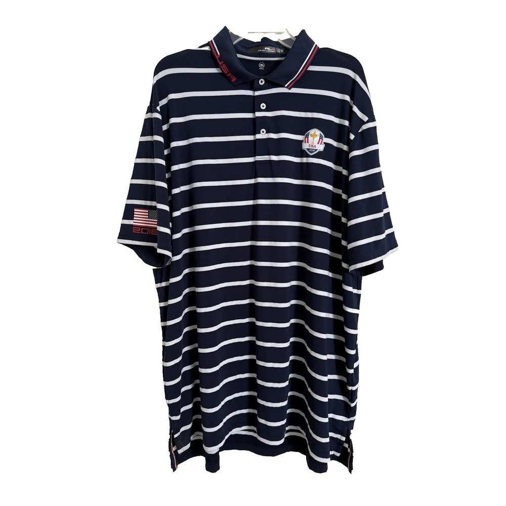 RLX Ralph Lauren Polo Shirt‎ Men's 2XL USA Ryder Cup 2018 Golf Blue Performance